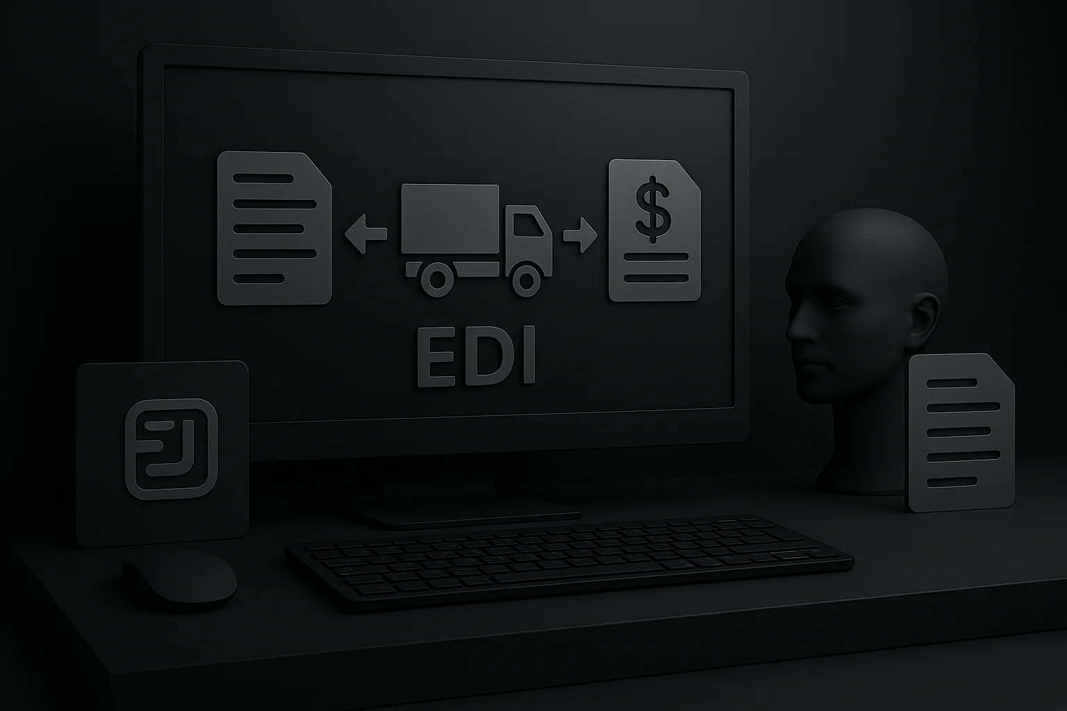 Schéma EDI komunikácie s ikonami dokumentov, dopravy a fakturácie na monitore počítača.