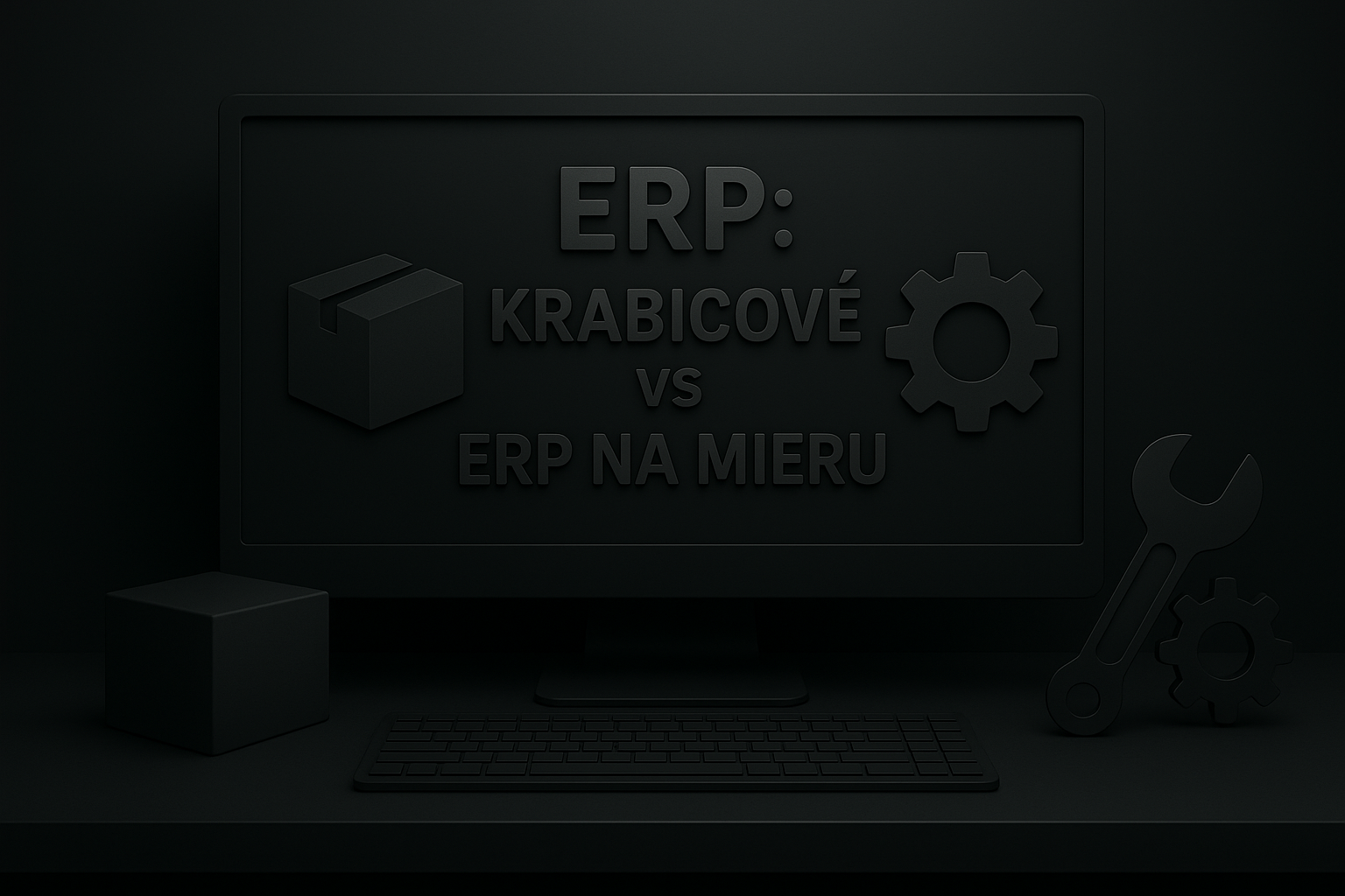Porovnanie ERP: krabicové riešenie versus systém na mieru na tmavom monitore s ikonami krabice a ozubeného kolesa.