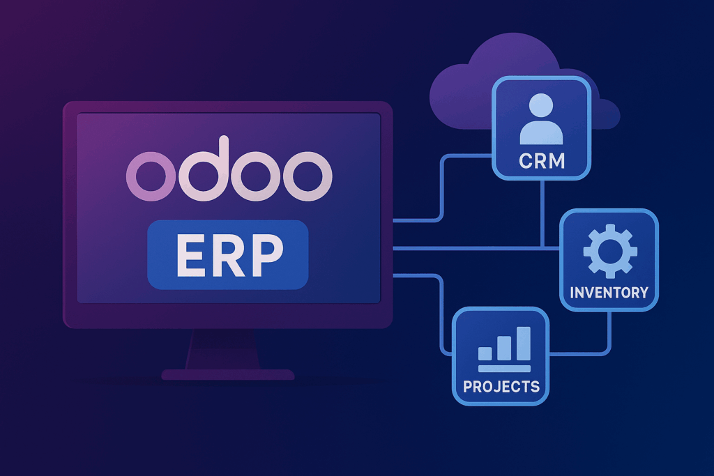 Ilustrácia ERP systému Odoo na monitore, s prepojením na CRM, inventár a projektové moduly na tmavom pozadí s fialovým oblakom.