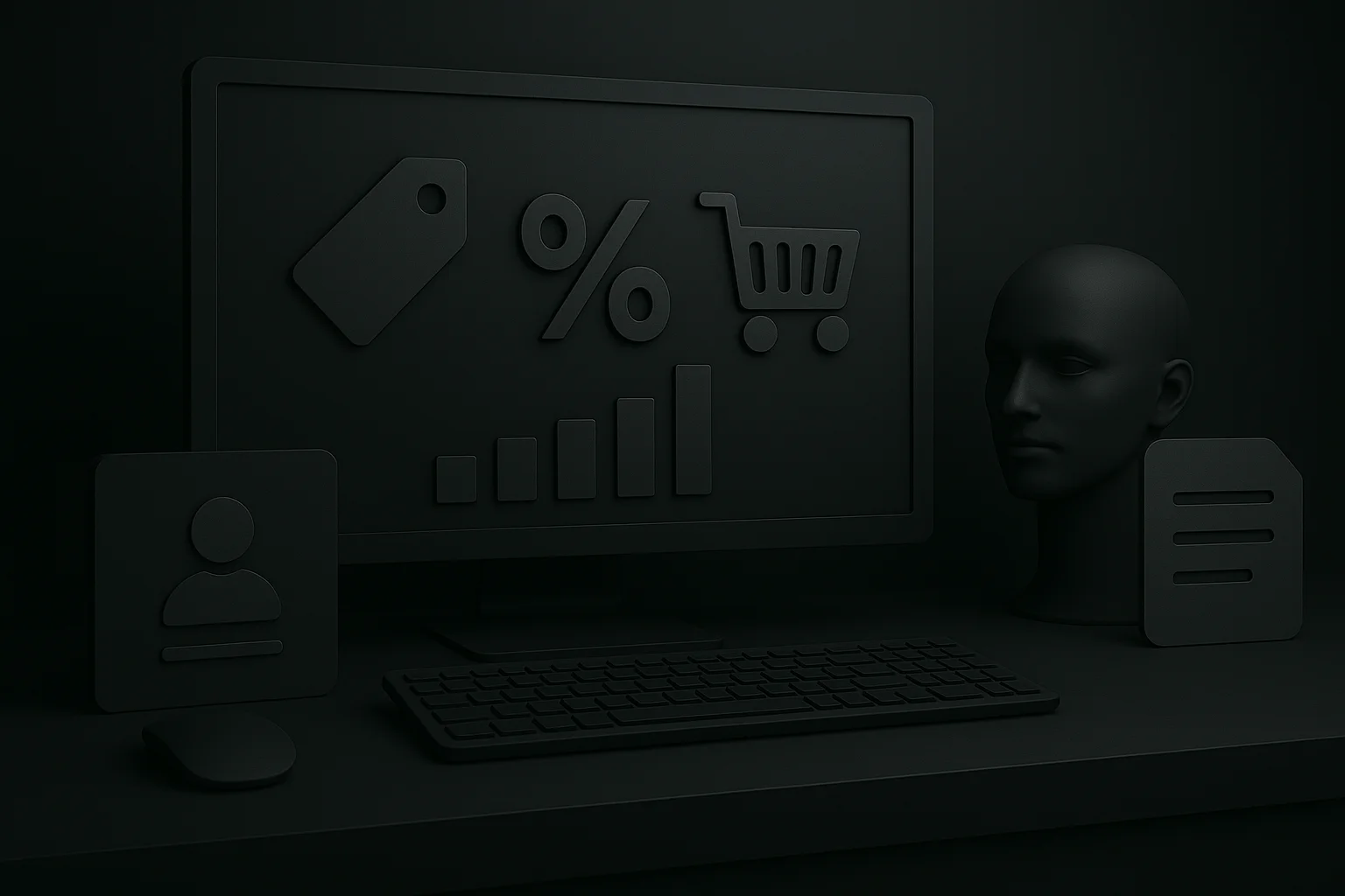 Symbolická grafika e-shopu s ikonami nákupu, zliav, štatistík a používateľského profilu na monitore počítača.