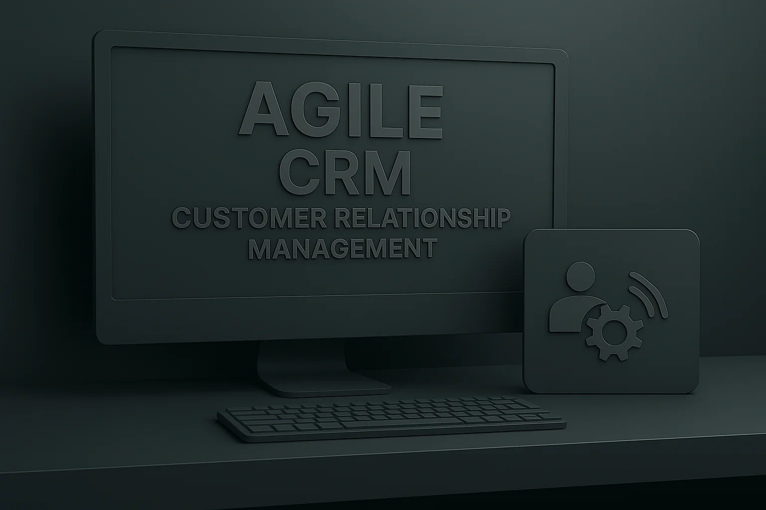 Obrazovka s textom „Agile CRM – Customer Relationship Management“ a ikonou používateľa s ozubeným kolieskom a signálnymi vlnami, vyjadrujúcou funkcie automatizácie a komunikácie v CRM systéme.