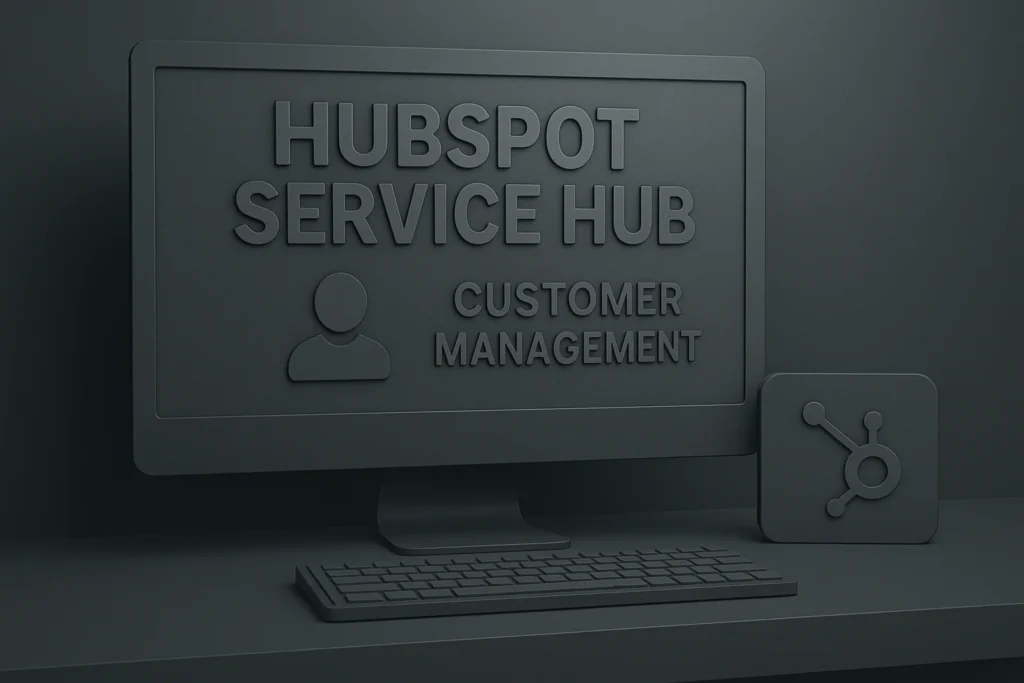 Počítačová obrazovka s nápisom „HubSpot Service Hub – Customer Management“ a ikonou používateľa, doplnená o logo HubSpot v pravom dolnom rohu, znázorňuje softvér na správu zákazníckeho servisu.