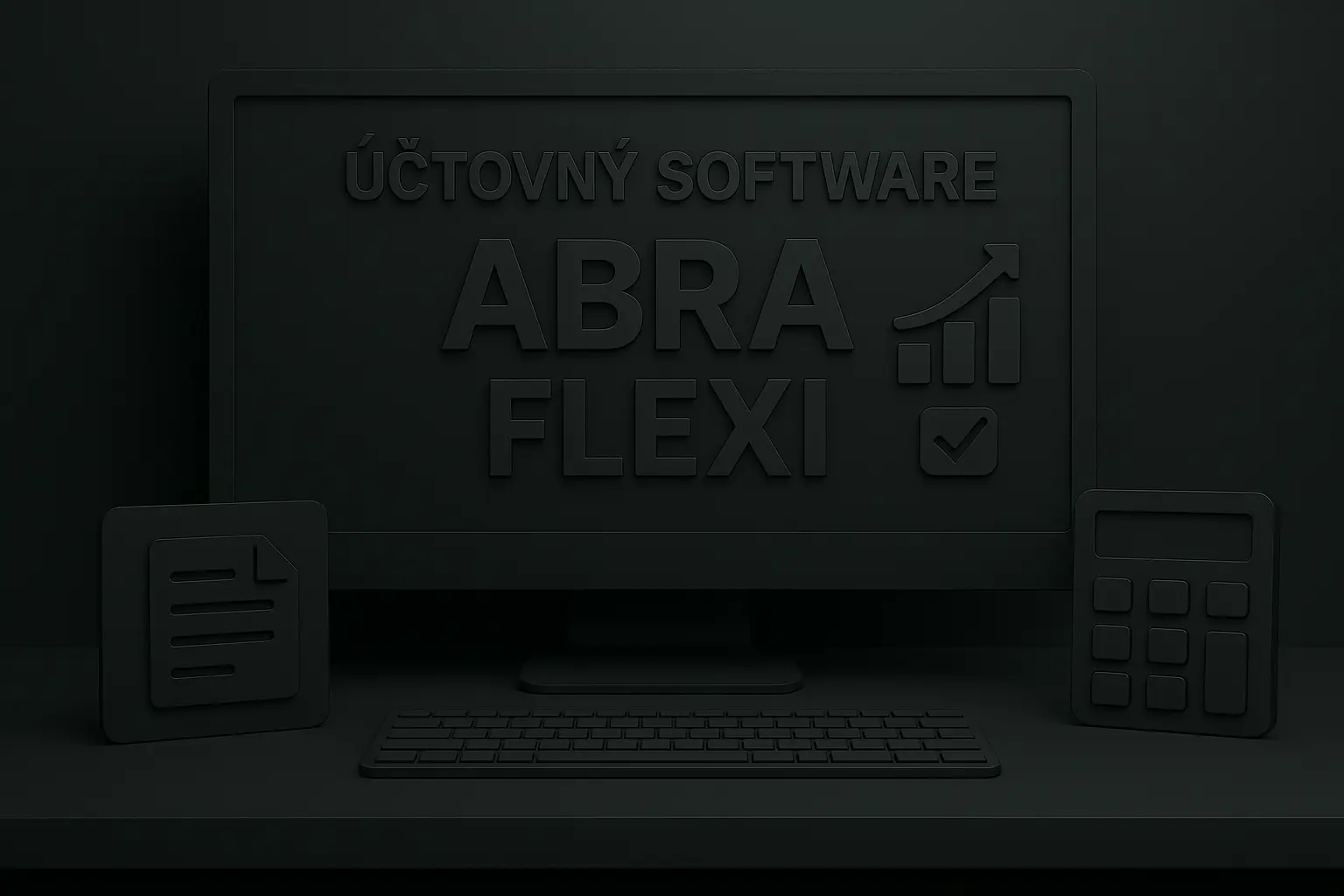 Počítačový monitor zobrazujúci nápis „Účtovný softvér ABRA Flexi“ spolu s ikonami grafu, dokumentu a kalkulačky v monochromatickom štýle.