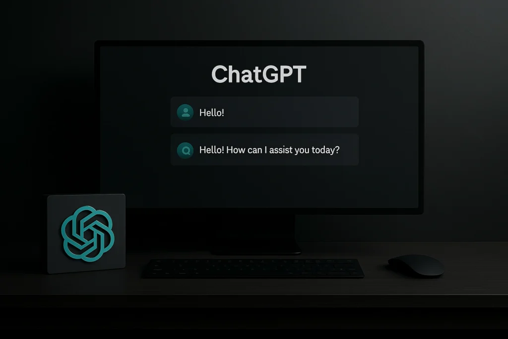Monitor so zobrazeným rozhraním ChatGPT, kde prebieha jednoduchá konverzácia: „Hello!“ a odpoveď „Hello! How can I assist you today?“, vedľa je umiestnené logo OpenAI.
