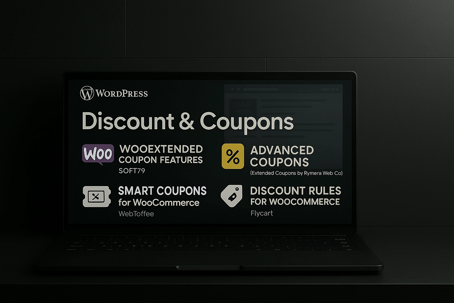 Laptop s obrazovkou zobrazujúcou tému WordPress „Discount & Coupons“, prezentujúci populárne pluginy pre WooCommerce ako WooExtended Coupon Features od SOFT79, Advanced Coupons od Rymera Web Co, Smart Coupons for WooCommerce od WebToffee a Discount Rules for WooCommerce od Flycart. Obrázok ilustruje nástroje na zľavy a kupóny pre e-shopy vo WordPress.